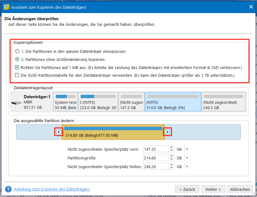 vier Kopieroptionen in MiniTool Partition Wizard