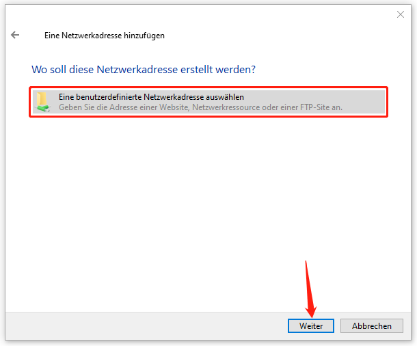 im Popup-Fenster auf die Option „Eine benutzerdefinierte Netzwerkadresse auswählen“ klicken