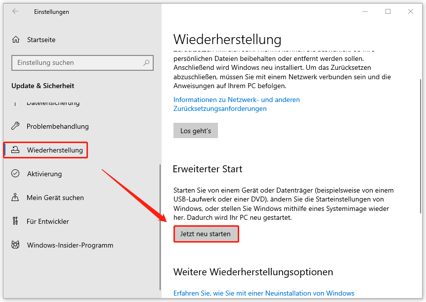 in Windows-Einstellungen unter „Erweiterter Start“ auf „Jetzt neu starten“
