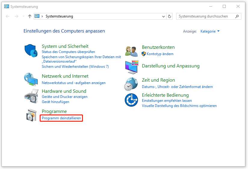 in der Systemsteuerung auf „Programm deinstallieren“ klicken