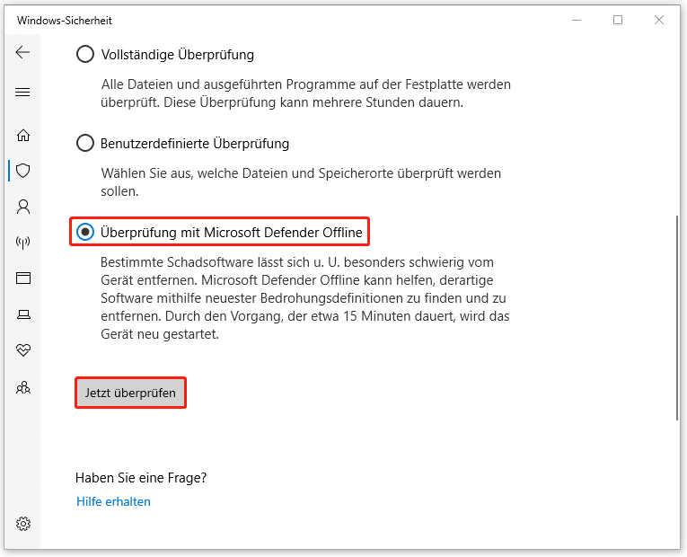 Überprüfung mit Windows Defender Offline in der Windows-Sicherheit durchführen