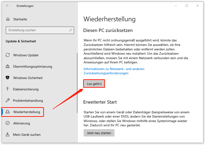 unter „Diesen PC zurücksetzen“ auf „Los geht’s“ klicken