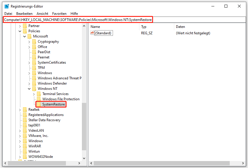 im Registrierungs-Editor zu HKEY_LOCAL_MACHINE\SOFTWARE\Policies\Microsoft\Windows NT\SystemRestore navigieren