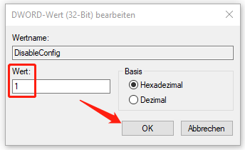 Wert von DisableConfig von 0 in 1 ändern