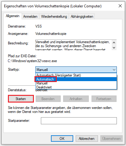 Volumeschattenkopie-Dienst durch Klick auf „Starten“ ausführen und dessen Starttyp auf „Automatisch“ einstellen