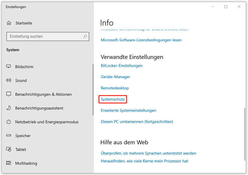 unter „Verwandte Einstellungen“ auf „Systemschutz“