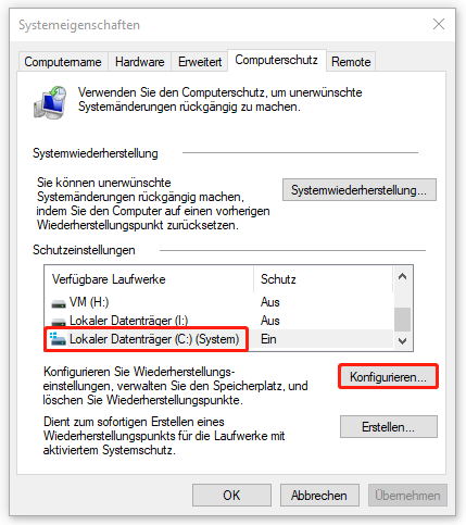 wählen Sie im Systemeigenschaften-Fenster das Laufwerk C: aus und klicken Sie auf „Konfigurieren“