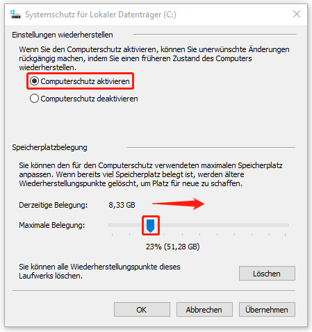 „Computerschutz aktivieren“ aktivieren und freien Speicherplatz für die Wiederherstellungspunkte schaffen