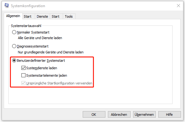 „Benutzerdefinierter Systemstart“ auf der Registerkarte „Allgemein“ im Fenster „Systemkonfiguration“ aktivieren