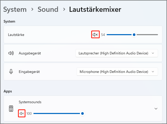 Sounds für das System und Apps über den Lautstärkemixer stummschalten