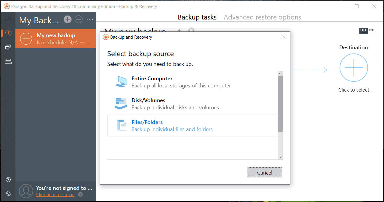 Sicherungsquelle in Paragon Backup & Recovery Community Edition auswählen