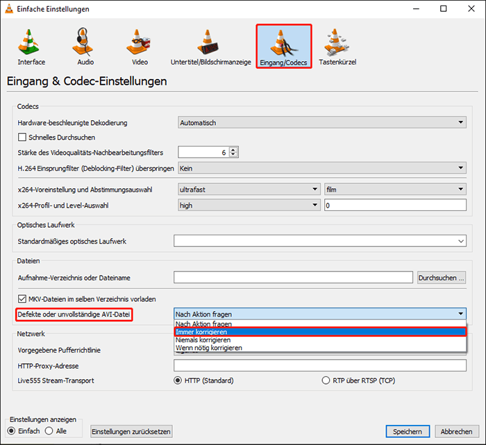 Wählen Sie Immer korrigieren aus der Dropdown-Liste neben der Option Defekte oder unvollständige AVI-Datei.