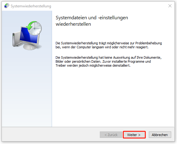 in der Systemwiederherstellung auf „Weiter“ klicken