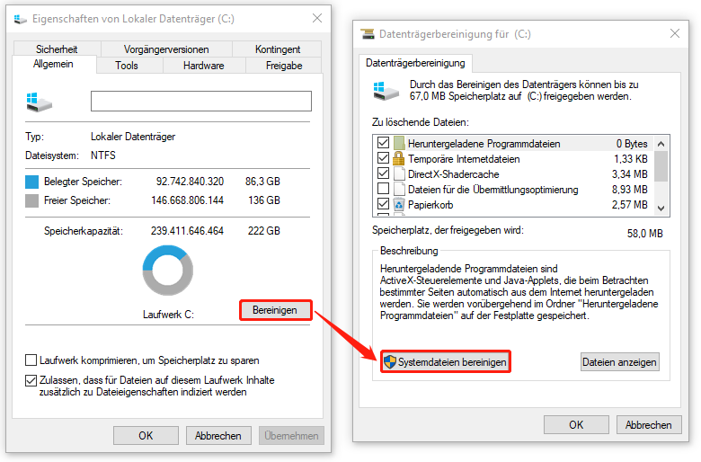 in der Datenbereinigung klicken Sie auf „Systemdateien bereinigen“