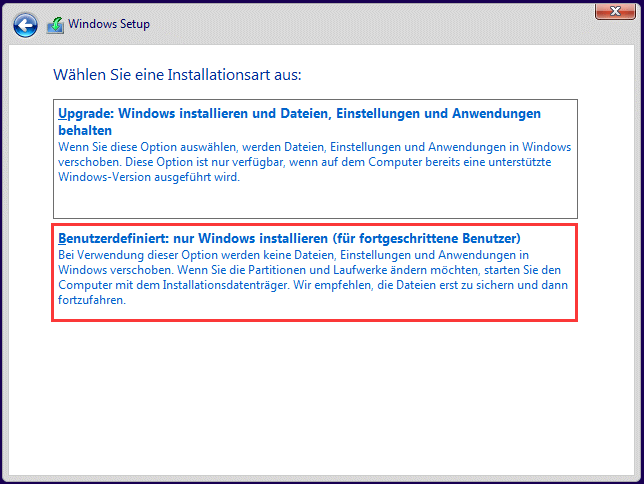 eine Installationsart im Windows 10 Setup auswählen