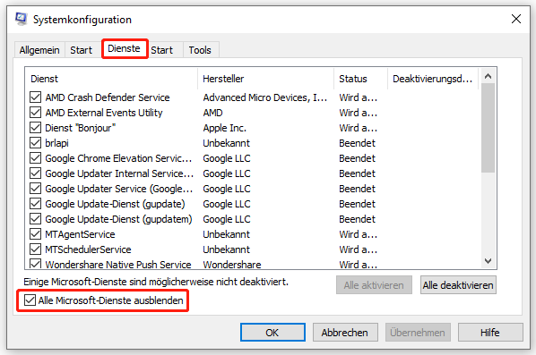 Option „Alle Microsoft-Dienste ausblenden“ in der Systemkonfiguration aktivieren