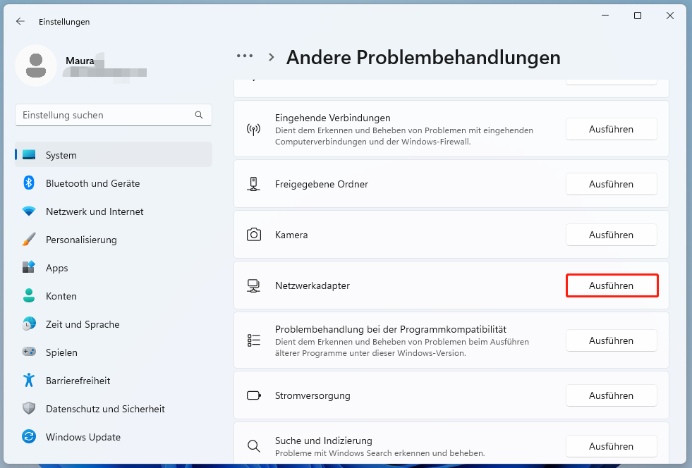 auf „Ausführen“ neben der Option „Netzwerkadapter“ in Windows 11 klicken