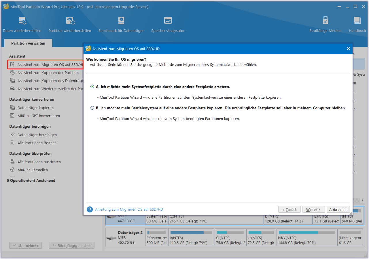 Wählen Sie eine Migrationsmethode in MiniTool Partition Wizard