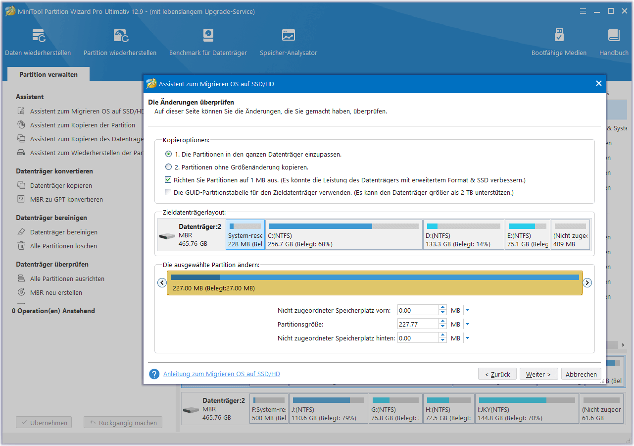 wählen Sie Kopieroptionen und konfigurieren Sie das Festplattenlayout