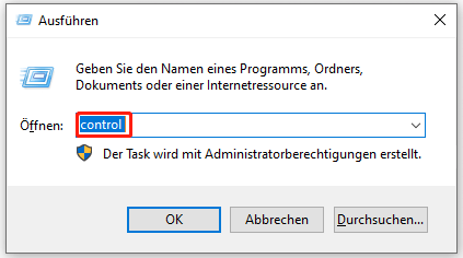 Öffnen Sie die Systemsteuerung über das Dienstprogramm Ausführen