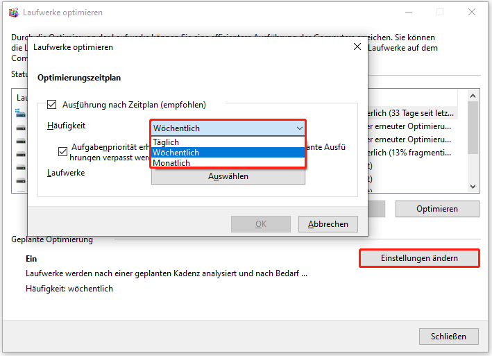Optimierungszeitplan konfigurieren und die Änderungen speichern