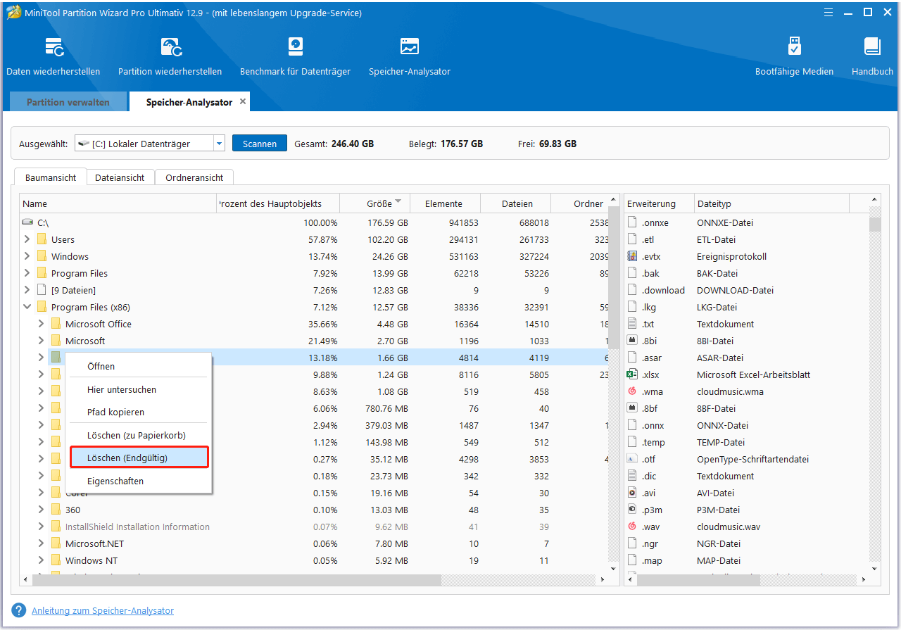 Unbrauchbare Dateien/Ordner mit der Funktion Speicher-Analysator von MiniTool Partition Wizard löschen