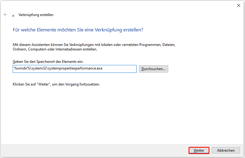 Geben Sie den Pfad ein und klicken Sie auf Weiter