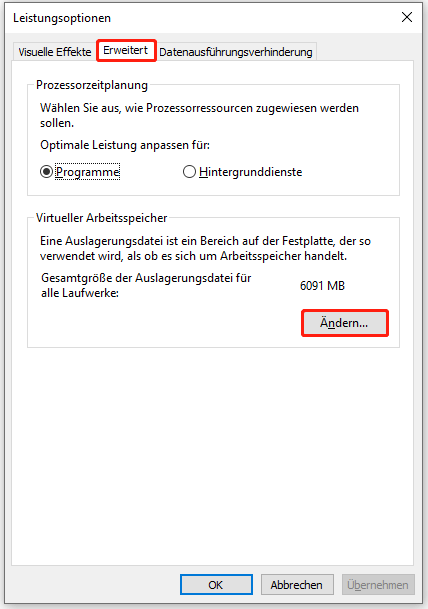 Klicken Sie auf Ändern in der Leistungsoptionen