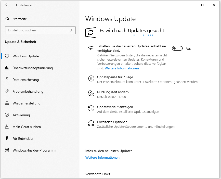 In Einstellungen nach Windows Update suchen