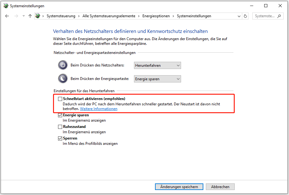 Deaktivieren Sie die Option Schnellstart einschalten