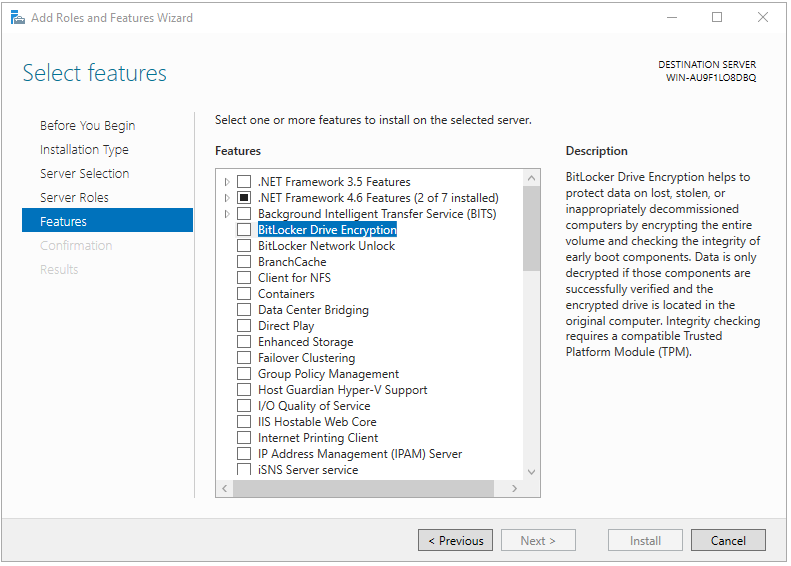 „BitLocker-Laufwerkverschlüsselung“ im Abschnitt „Features“ auswählen