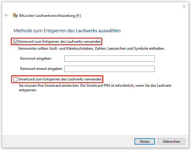 eine Methode zum Entsperren des Laufwerks auswählen