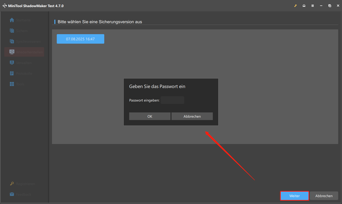zur Wiederherstellung eines verschlüsselten Backups in MiniTool ShadowMaker ist die Eingabe des Passworts erforderlich