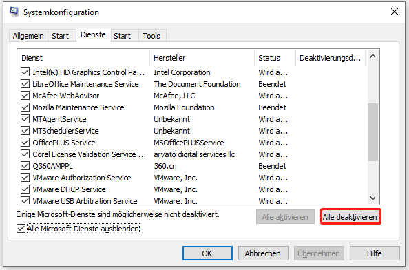 Aktivieren Sie Alle Microsoft-Dienste ausblenden