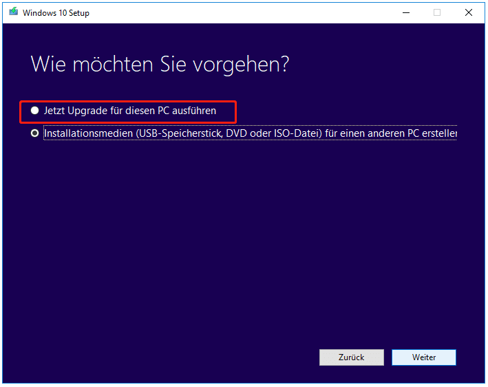 Wählen Sie die Option Diesen PC jetzt aktualisieren