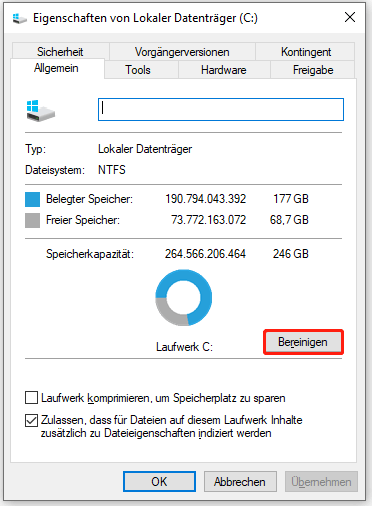 Klicken Sie auf die Schaltfläche Datenträgerbereinigung