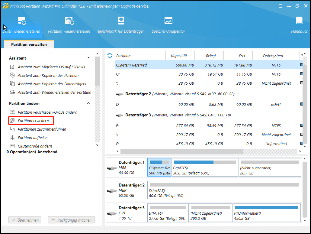 Klicken Sie in MiniTool Partition Wizard auf Partition erweitern von der reservierten Partition