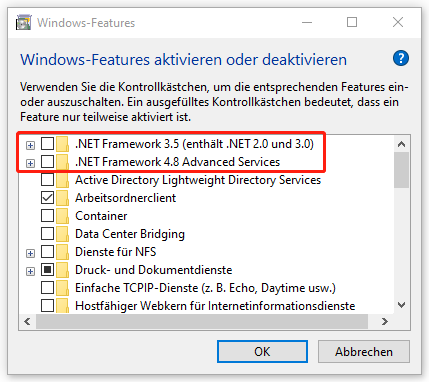 .NET Framework-Optionen im Fenster „Windows-Features“ deaktivieren