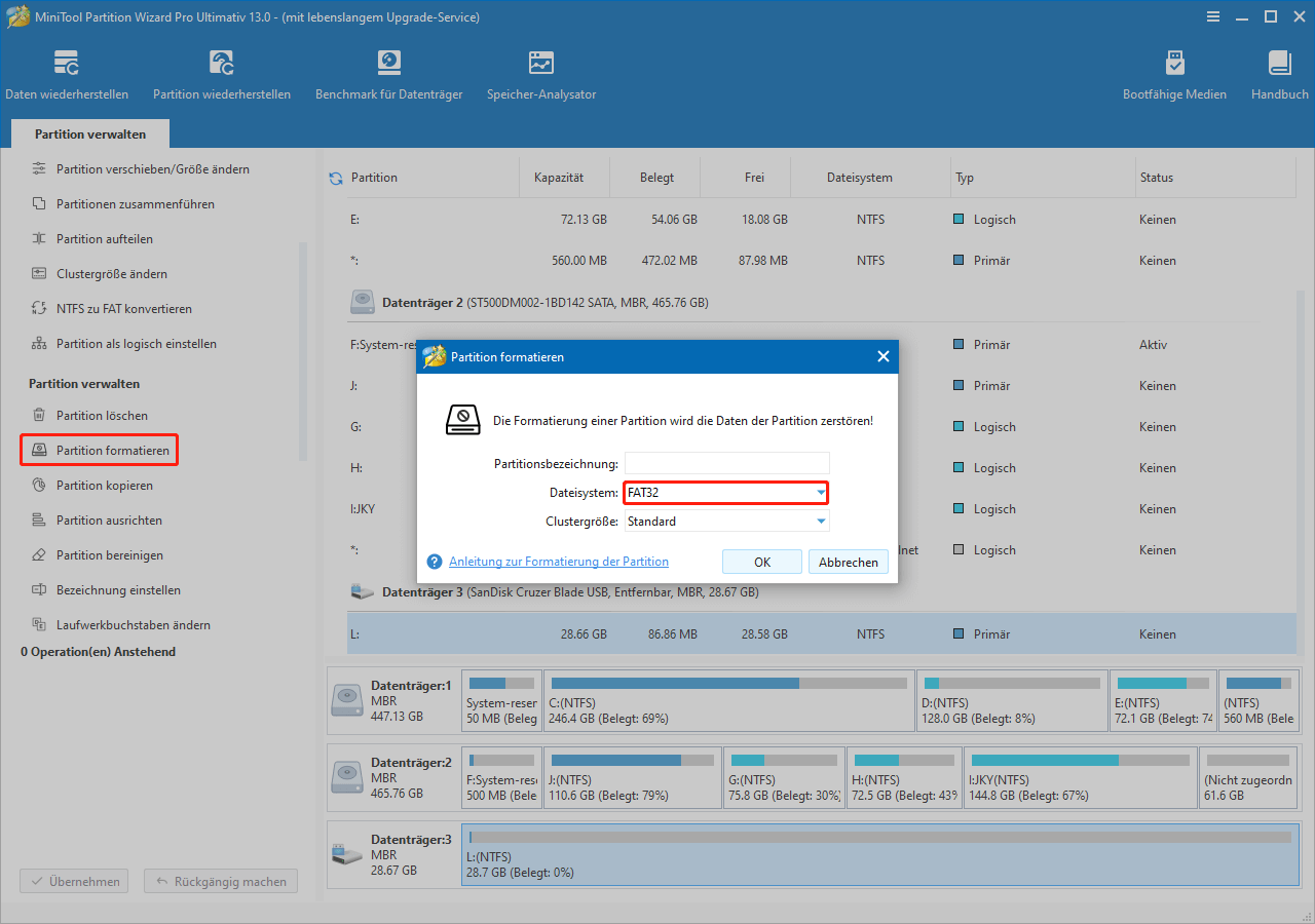 Wählen Sie FAT32 in MiniTool Partition Wizard