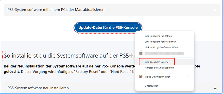 Update-Datei für die PS5-Konsole mit der rechten Maustaste herunterladen