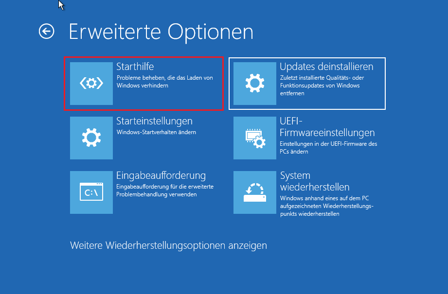 klicken Sie auf dem Bildschirm „Erweiterte Optionen“ auf „Starthilfe“