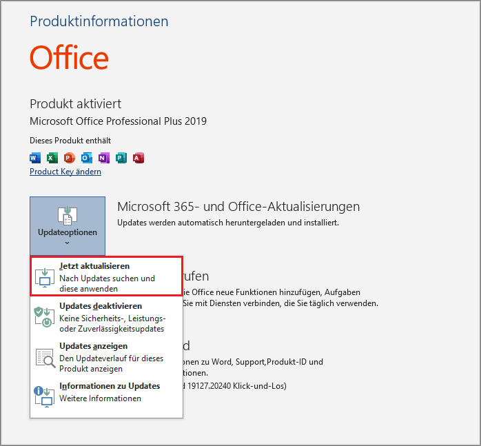 in Word auf „Updateoptionen“ und dann auf „Jetzt aktualisieren“ klicken