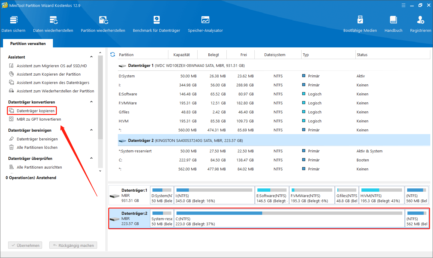 zu kopierende Festplatte in MiniTool Partition Wizard auswählen und auf „Datenträger kopieren“