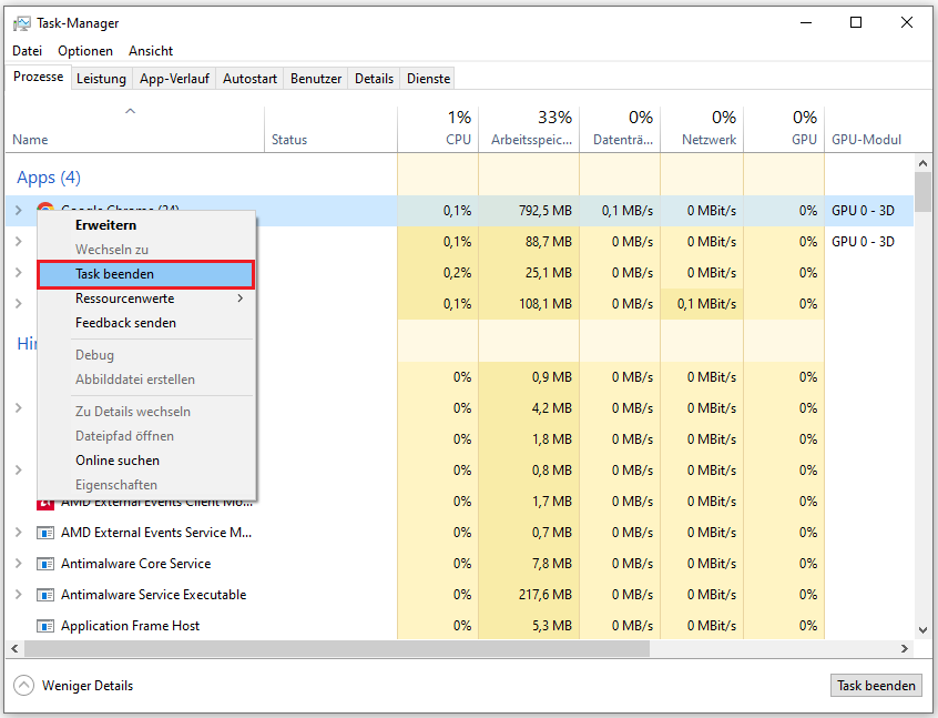 ressourcenintensive Programme im Task-Manager nacheinander beenden