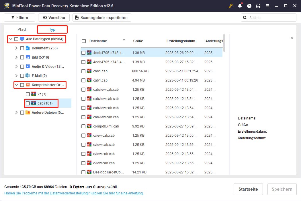 CAB-Dateien durch Typ-Funktion auf der Seite mit den Scan-Ergebnissen in MiniTool Power Data Recovery finden