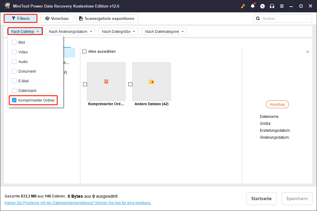 CAB-Dateien durch Filter-Funktion auf der Seite mit den Scan-Ergebnissen in MiniTool Power Data Recovery finden