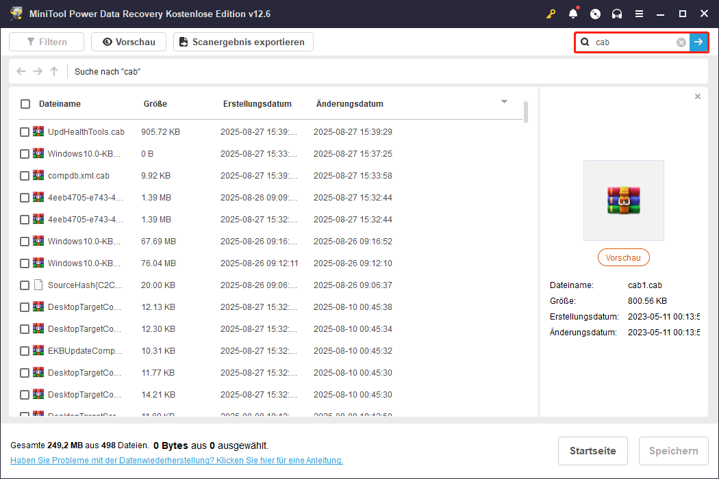 CAB-Dateien durch Suchfunktion auf der Seite mit den Scan-Ergebnissen in MiniTool Power Data Recovery finden