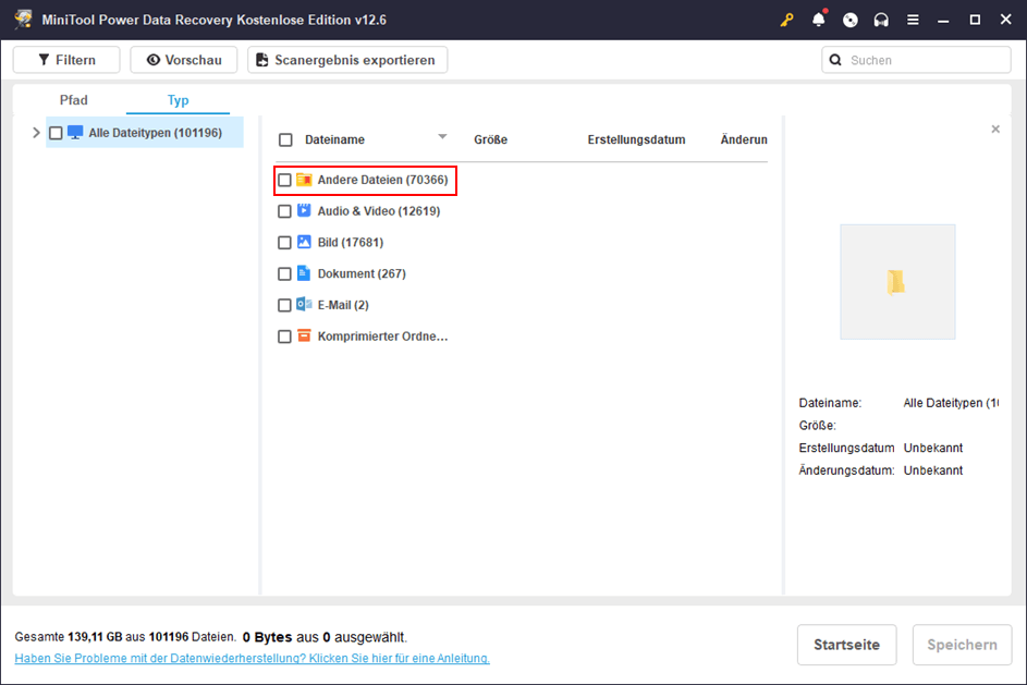 Klicken Sie auf Andere Dateien, um RTF-Dateien in MiniTool Power Data Recovery zu finden.