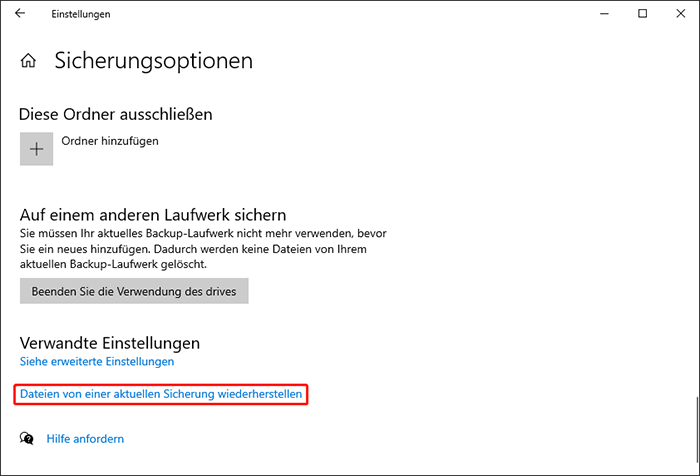 Klicken Sie auf die Option Dateien von einer aktuellen Sicherung wiederherstellen