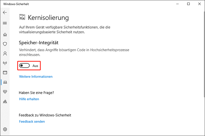 Klicken Sie unter Kernisolierung auf Details zur Kernisolierung und schalten Sie den Schalter bei Speicherintegrität auf Aus.